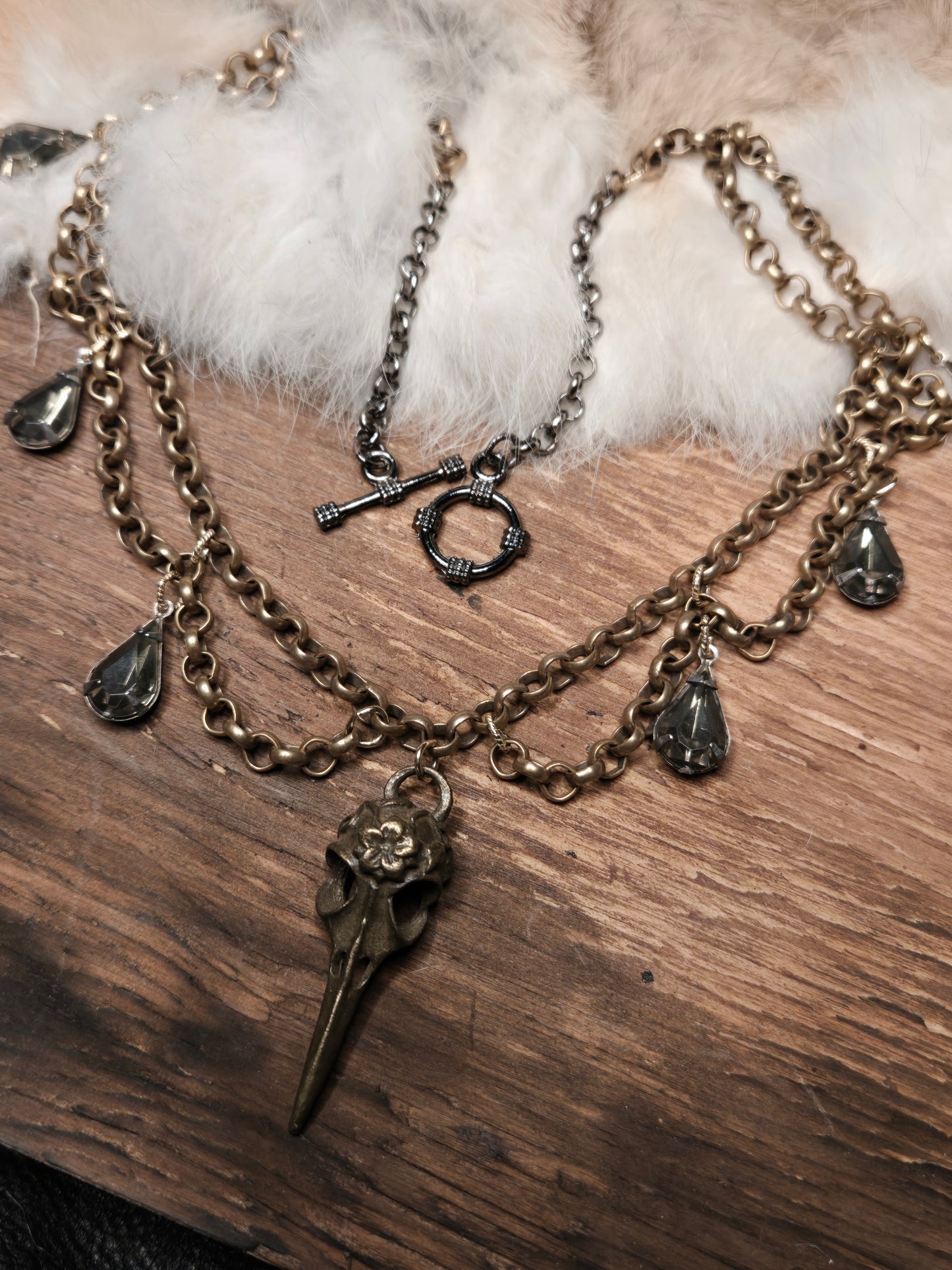 Bronze Raven Skull Chandelier Necklace *small*